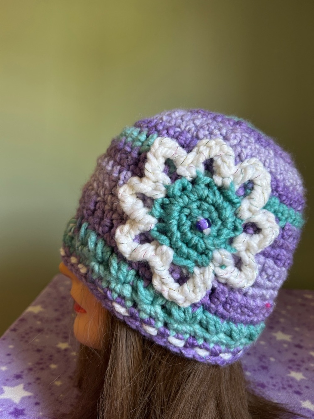 Cozy Crochet Flower Beanie — Purple, Teal & white tensile medium foam acrylic